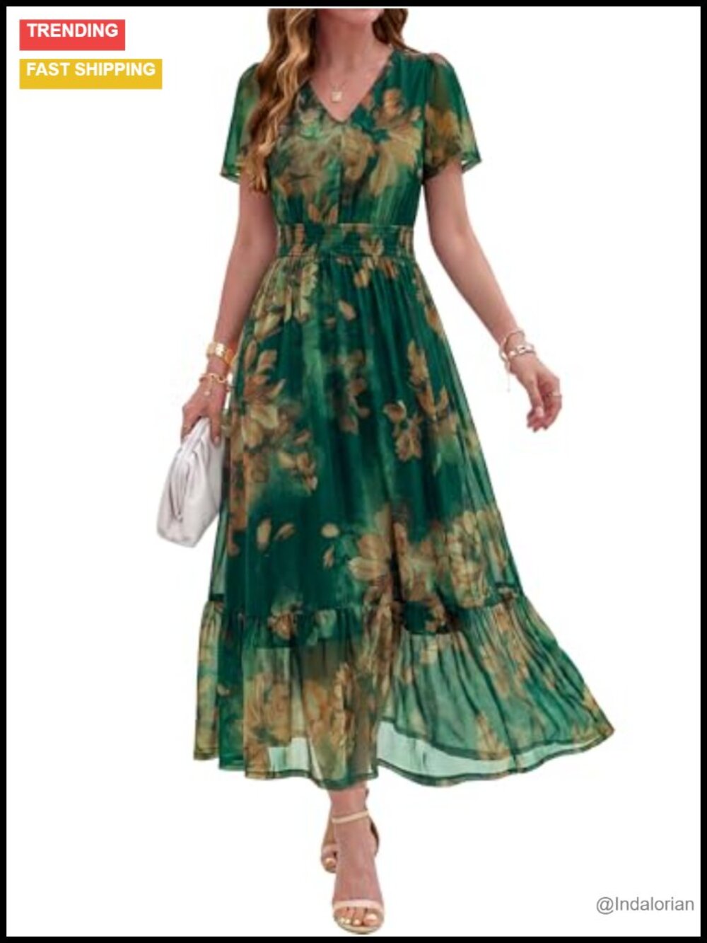 Women's Floral Maxi Dress V Neck Short Sleeve Boho Wedding Guest Long
